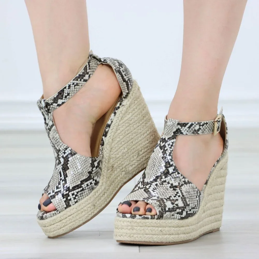 Faux Snakeskin Wedge Sandals Ankle Strap Espadrille Platform Buckle Closure